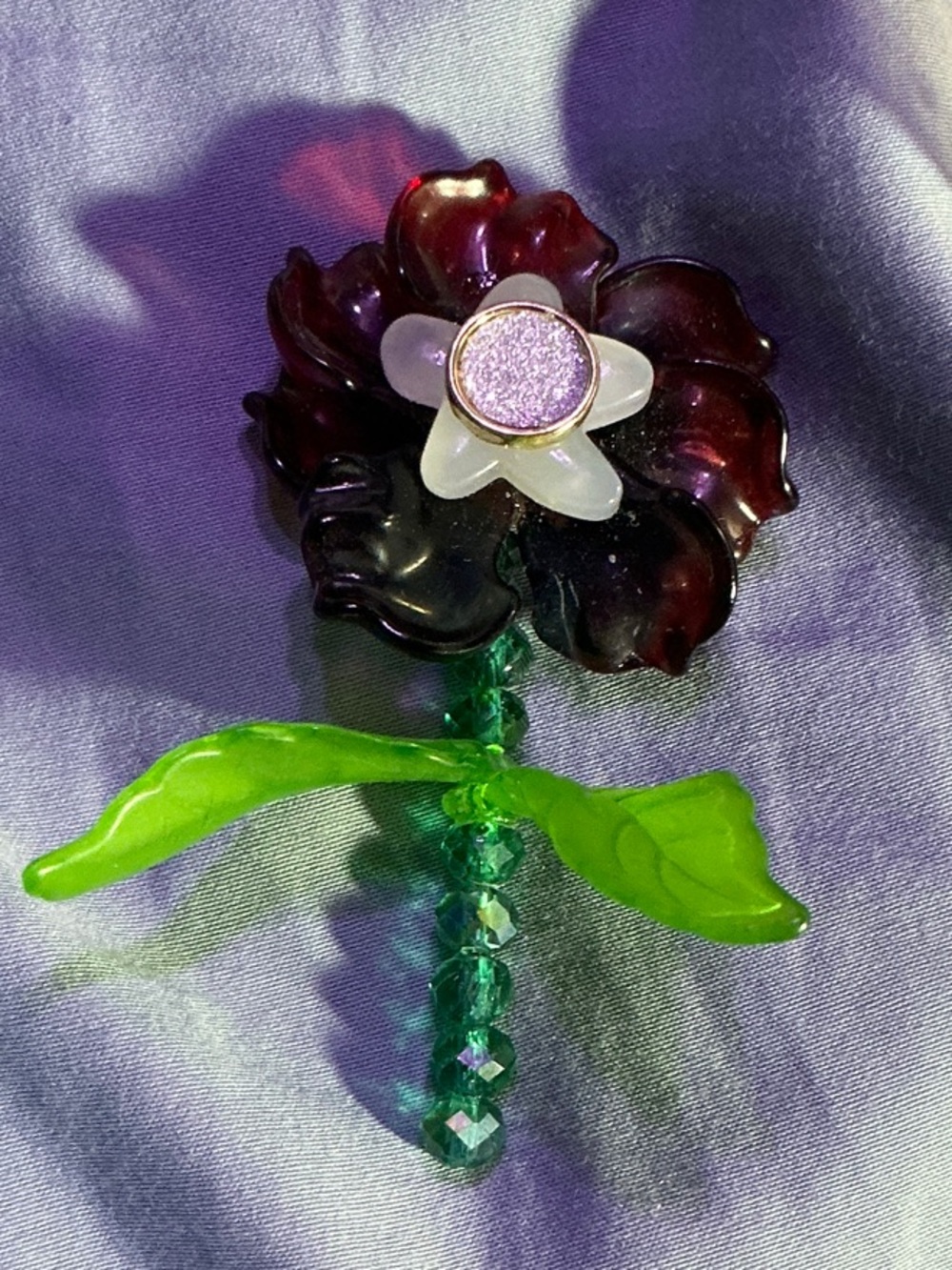 Glass Flower Brooch in Deep Burgundy and Green